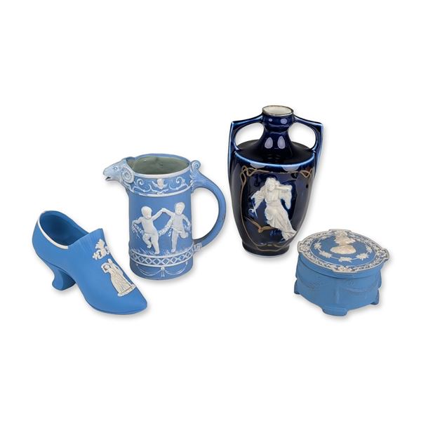 4pc Collection of Decorative Blue Jasperware and Glazed Ceramic Objects