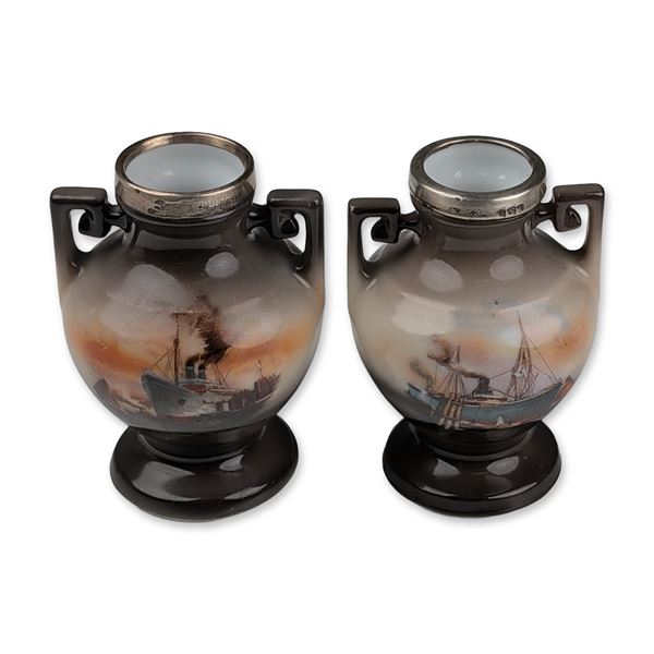 Pair of British Sterling Silver Mounted Porcelain Maritime Miniature Vases with Sterling Silver Rims