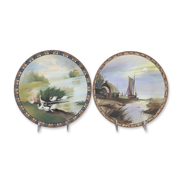 2pc Nippon Morimura Brothers Hand Painted Porcelain Wall Plates
