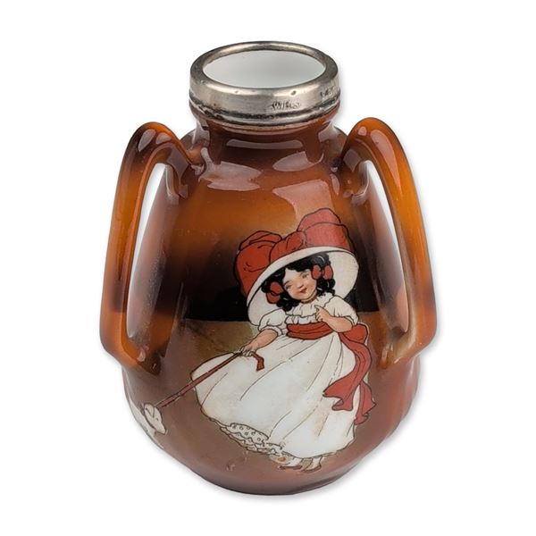Royal Bayreuth Bavaria Sunbonnet Girl Porcelain Miniature Vase with Sterling Silver Rim
