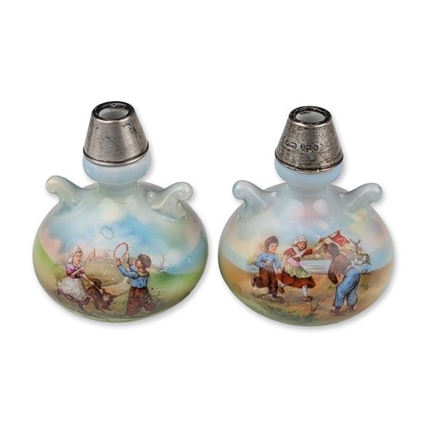 Pair of Royal Bayreuth Bavaria Porcelain Dutch Scene Bud Vases with Sterling Silver Rim