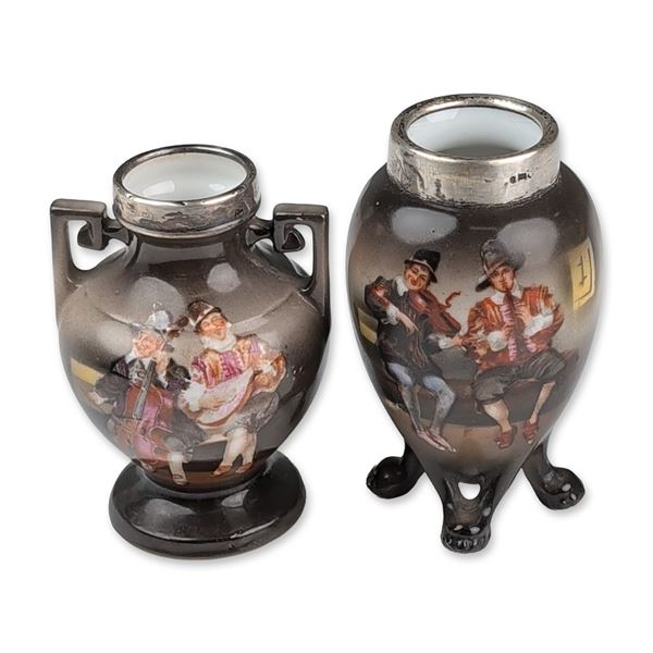 2pc Royal Bayreuth Bavaria Porcelain Miniature Vases with Silver Rims