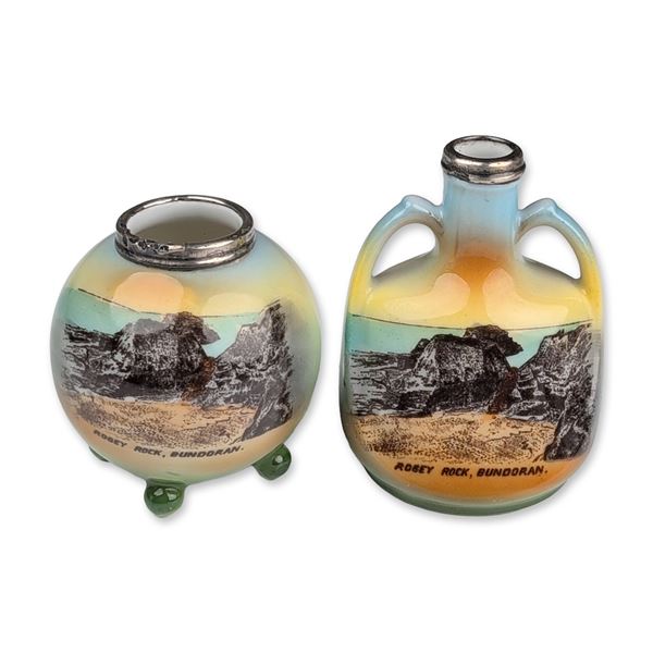2pc Royal Bayreuth Porcelain Rogey Rock Bundoran Vase and Jug with Sterling Silver Rims