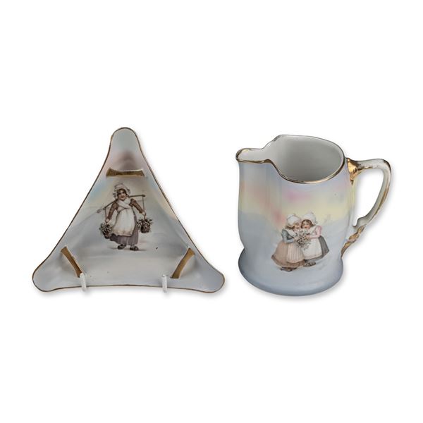 2pc Royal Bayreuth Bavaria Sunbonnet Babies Porcelain Creamer and Dish