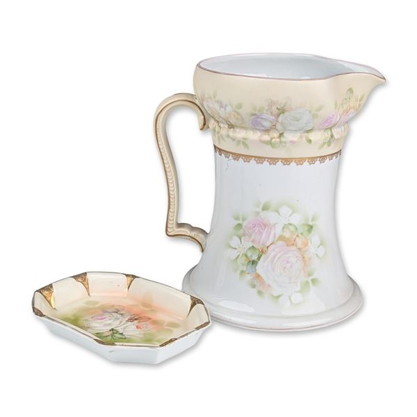 2pc Royal Bayreuth German Porcelain Floral Tankard Pitcher