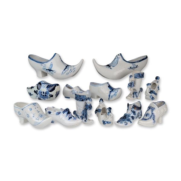 13pc Collection of Blue and White Porcelain Shoe and Boot Figurines