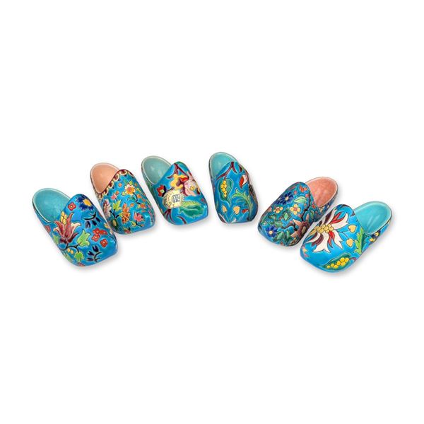 6pc Emaux de Longwy Ceramic Floral Clog Figurines