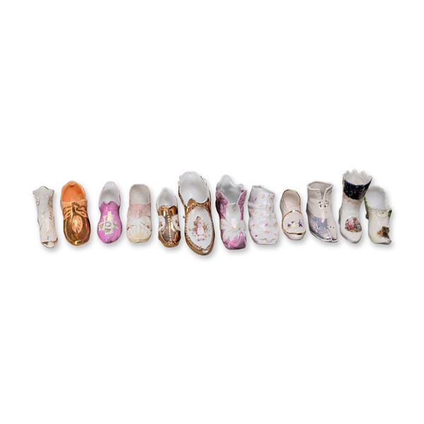 Collection of 12 Porcelain and Bisque Miniature Shoe Figurines