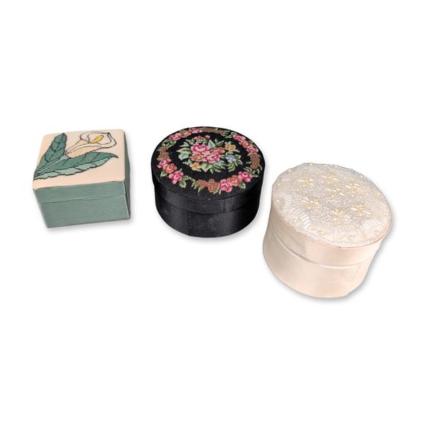 Trio of Floral Needlepoint and Beaded Satin Trinket Boxes