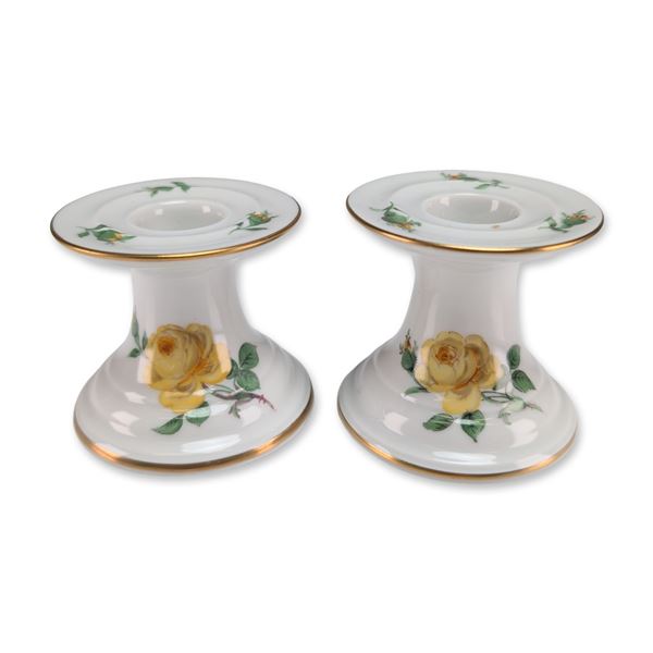 Pair of Meissen Yellow Rose Porcelain Candlesticks