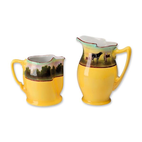 Pair of Royal Bayreuth Bavaria Porcelain Pastoral Cow Pitcher and Creamer