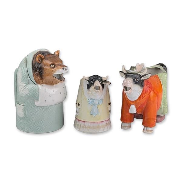 Trio of German Figural Anthropomorphic Ceramic Cow and Bear Figurines