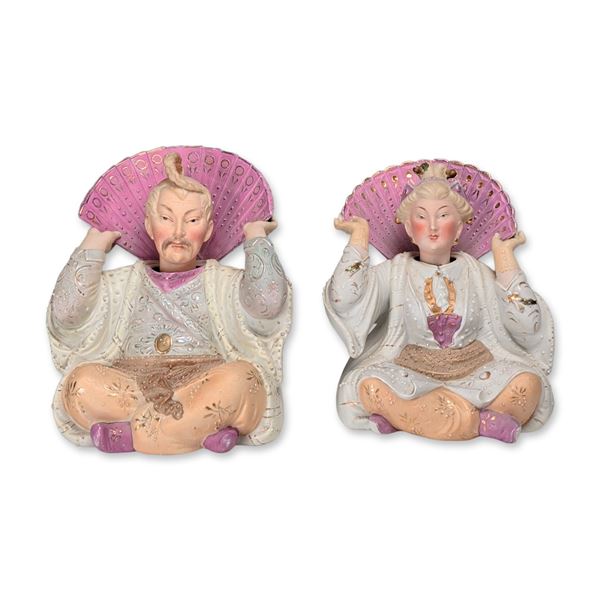 Pair of Continental Bisque Porcelain Pagoda Nodder Figurines