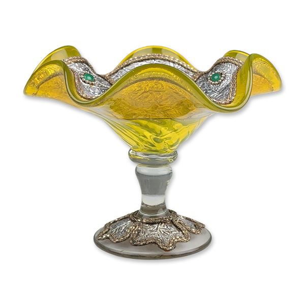 Venetian Style Yellow Glass Compote with Silvered Metal Overlay
