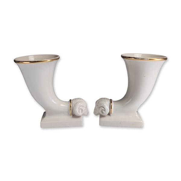 2pc Porcelain Ram's Head Cornucopia Vases