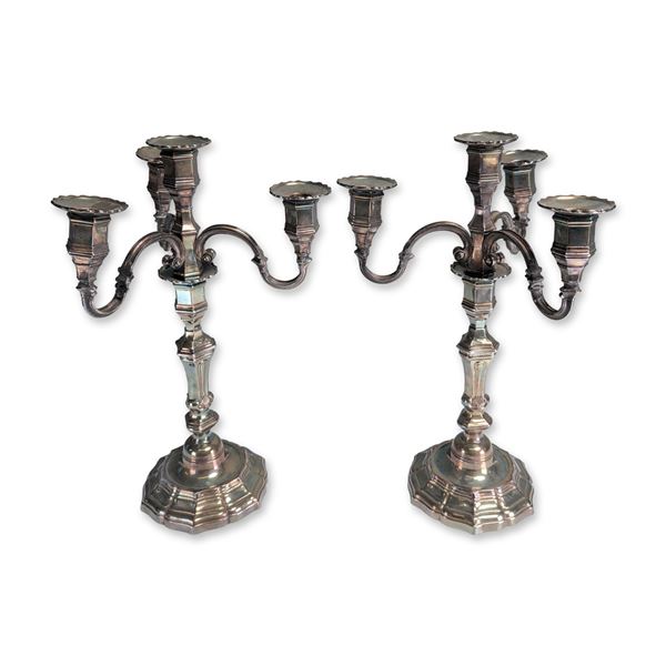2pc Rococo Style Silver-Toned Five-Light Candelabra
