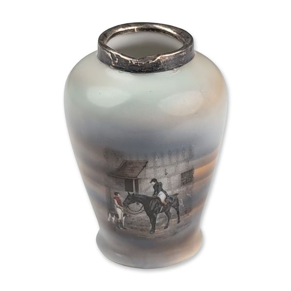 Royal Bayreuth Bavaria Porcelain Equestrian Scene Miniature Vase with Sterling Silver Rim