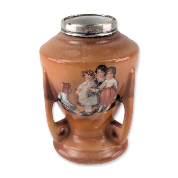 Royal Bayreuth Children Playing Porcelain Posy Vase with Sterling Silver Rim