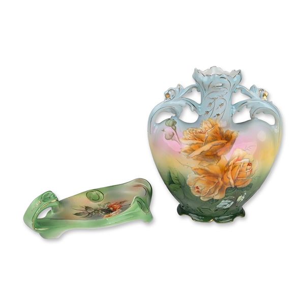 2pc Royal Bayreuth Bavaria Hand Painted Porcelain Rose Vase and Dish