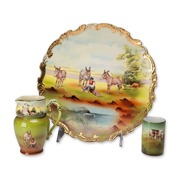 Royal Bayreuth Bavaria Porcelain Donkey Pattern Cabinet Plate, Pitcher, and Beaker