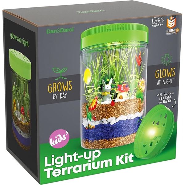 Dan&Carci Light-Up Terrarium Kit for Kids/STEM Science Kit - Grows by Day, Glows at Night! Brand New