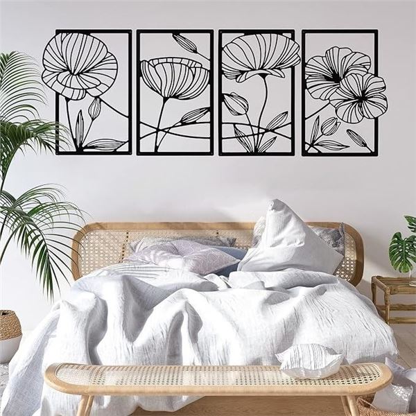 4PCS Modern Metal Floral/Poppy Wall Art (16.5" x 11.8" Size Each) Line Flower Art Decor (Black) New!