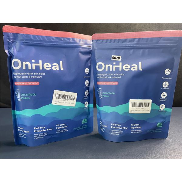 2 Bags of OnHeal Adaptogenic Stress-Relief Drink Mix Packets (20pcs) Raspberry Lemonade - New Sealed