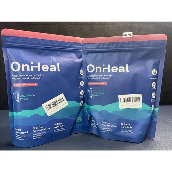 2 Bags of OnHeal Adaptogenic Stress-Relief Drink Mix Packets (20pcs) Raspberry Lemonade - New Sealed