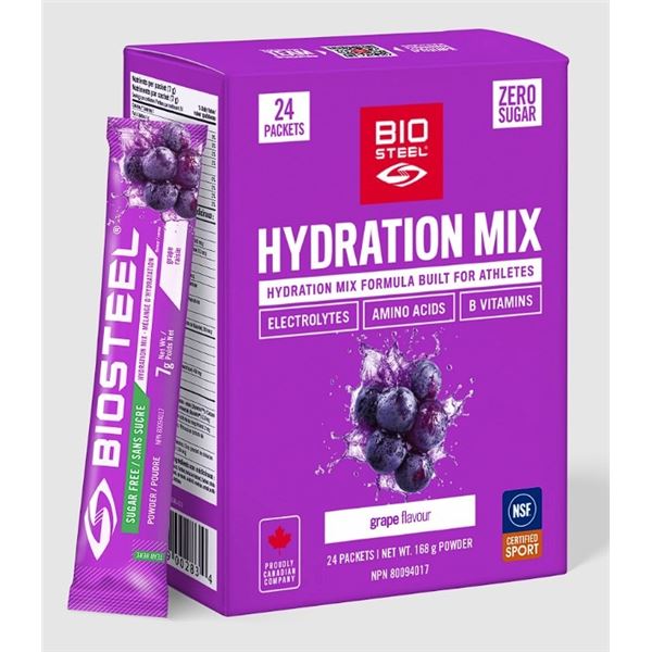 BIOSTEEL Hydration Mix (24 Packets) Grape Flavour - Electrolyte/Hydration Packets - New Sealed!
