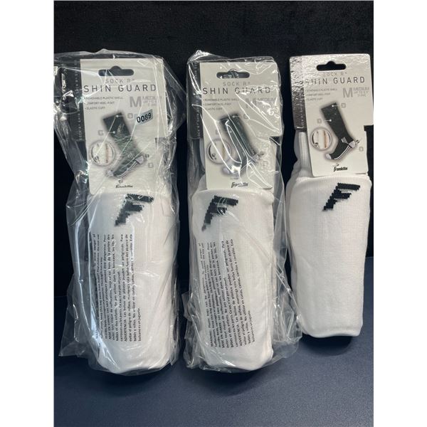 3 Packs of Franklin Sock'R Shin Guards (M) White - Elastic Cuff, Removable Plastic Shell - New