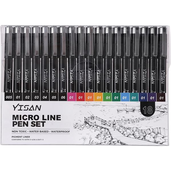 Yisan 18-Pack Micro-Line Pen Set; Fineliner Pens for Artists; Colored Fineline Drawing Markers - New