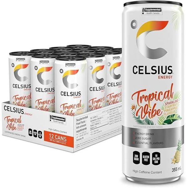 CELSIUS Sparkling Tropical Vibe Zero Sugar Energy Drinks (12 x 355ml Cans) New Sealed!