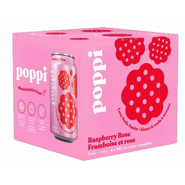 Poppi Raspberry Rose Soda Drinks (4 x 355 mL Cans) New Sealed!