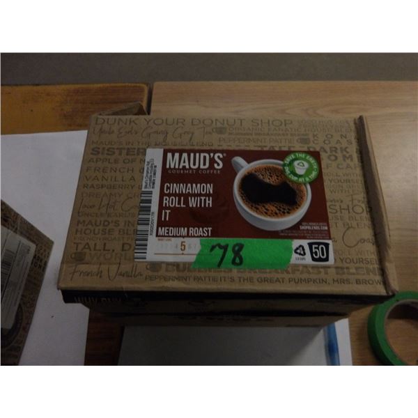 SHELF PULLS (AS IS):  MAUDS CINNAMON MEDIUM ROAST COFFEE (50 K-CUPS) - BOX