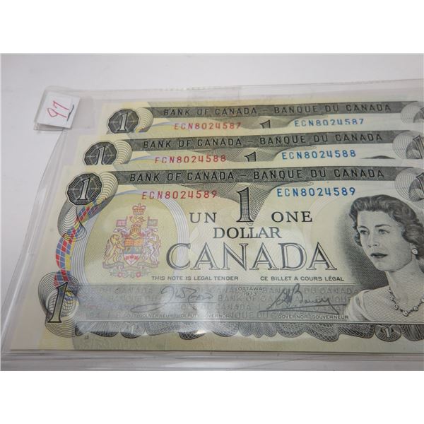1973 SEQUENTIAL SERIAL NUMBERS LAST OF UNCIRCULATED CANADA $1 BILLS