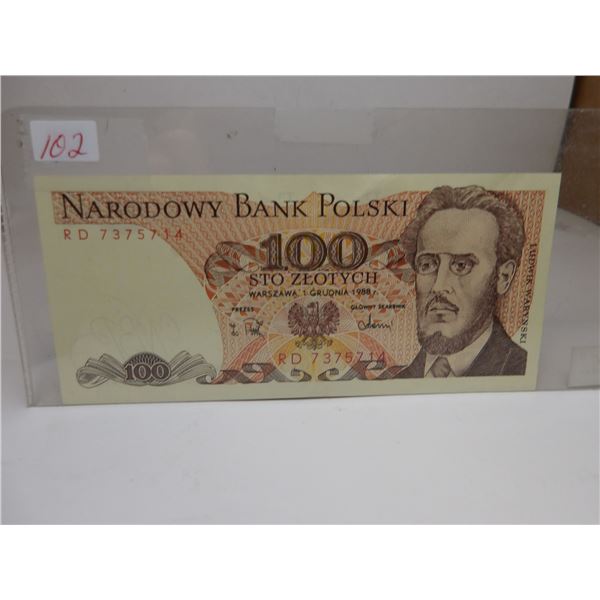 1989 POLAND $100 POLSKI BANK NOTE