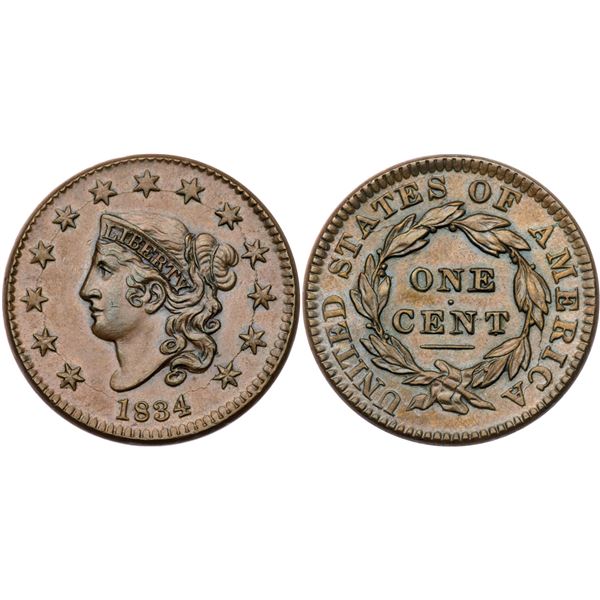 1834 N-2 R1 Small 8, Large Stars, Medium Letters AU50