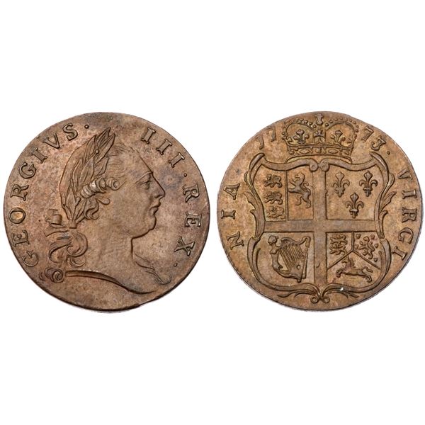 1773 Virginia Halfpenny Period after GEORGIUS Newman 25-M R2 AU58