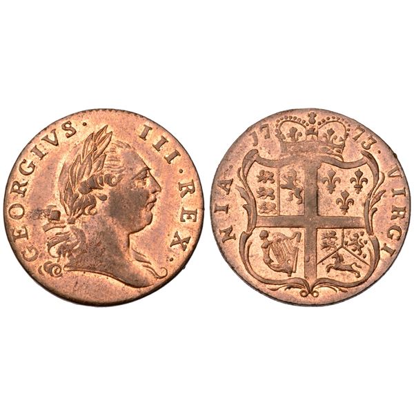 1773 Virginia Halfpenny Period after GEORGIUS Newman 25-M R2 MS64+
