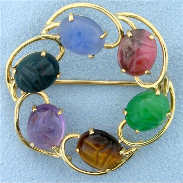 Vintage Hand Carved Scarab Pin Brooch in 14K Yellow Gold
