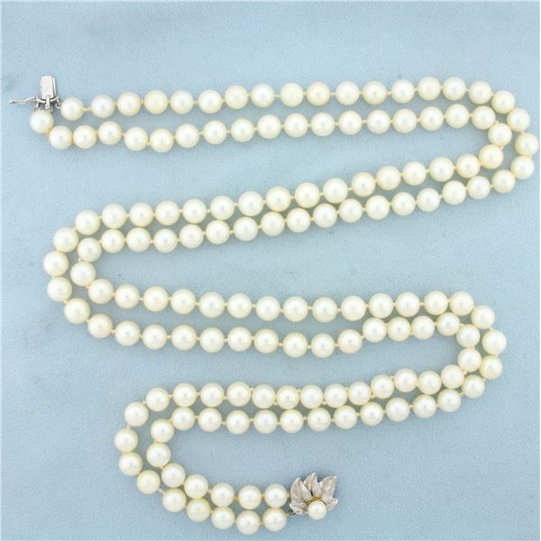 Long 25 Inch Vintage Akoya Pearl Double Strand Necklace in 14K White Gold