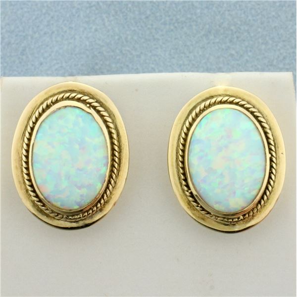 Vintage Ethiopian Opal Button Earrings in 14k Yellow Gold