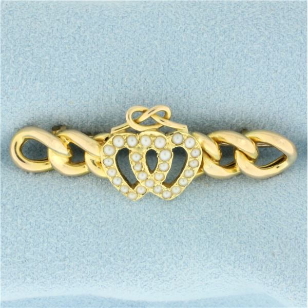 Antique 1894 Victorian Heart Seed Pearl Pin Brooch in 15k Yellow Gold