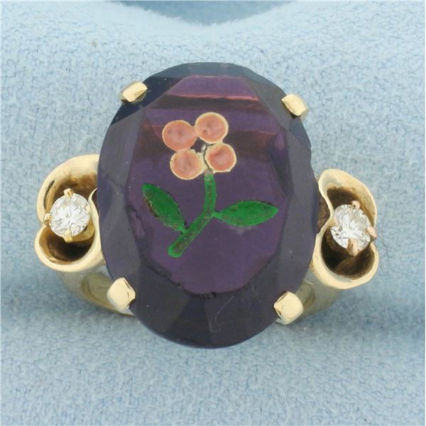 Hand Painted Amethyst and Diamond Flower Ring in 14k Yellow Gold