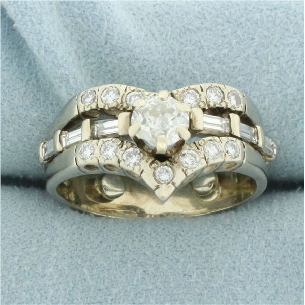 Vintage Baguette and Round Old European Diamond Engagement Ring in 14k Yellow Gold