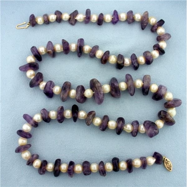 24 Inch Pearl and Amethyst Bead Necklace with 10k Yellow Gold Clasp