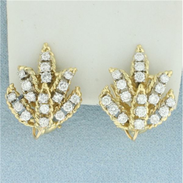 Vintage Diamond Leaf Design Clip On Earrings in 18k Yellow Gold