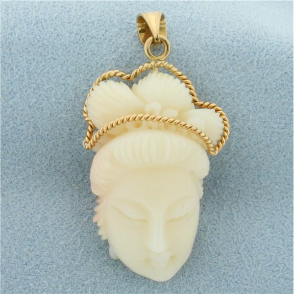Vintage Hand Carved Angel Skin Coral Asian Women Pendant in 14k Yellow Gold