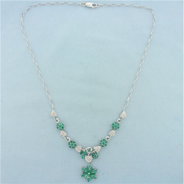 6ct Emerald and Diamond Flower Design Necklace in 14k White Gold