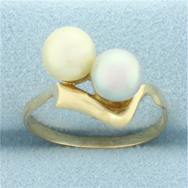 Silver and Cream Cultured Akoya Pearl Toi Et Moi Ring in 14k Yellow Gold